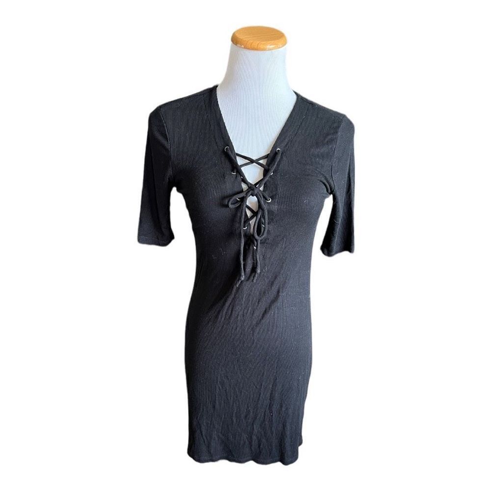 Womens Ambiance Apparel Black Ribbed Criss Cross Detail Bodycon Dress - Sz L